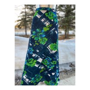 Vintage 70s Floral Maxi Skirt Tropical Hawaiian Blue Green